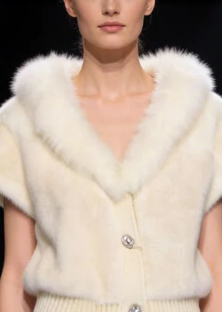 Italian White V-Neck Warm Faux Fur Coat Short Sleeve - Image 2