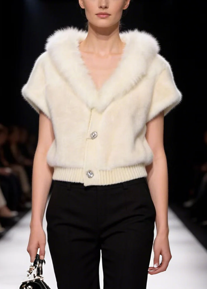 Italian White V-Neck Warm Faux Fur Coat Short Sleeve - Image 3