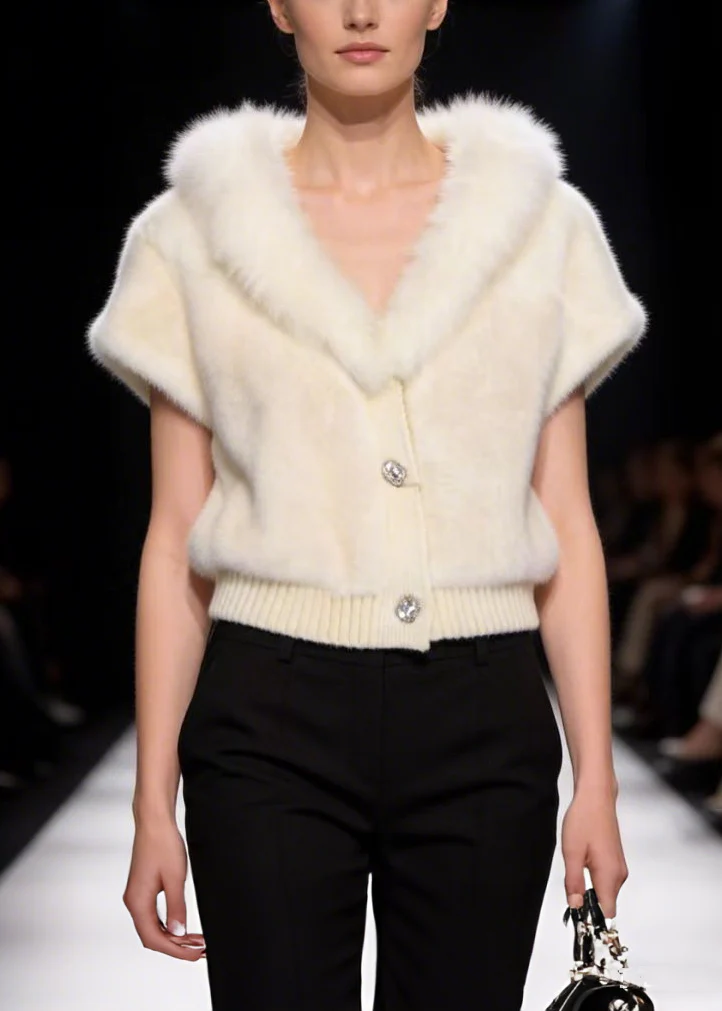 Italian White V-Neck Warm Faux Fur Coat Short Sleeve - Image 5