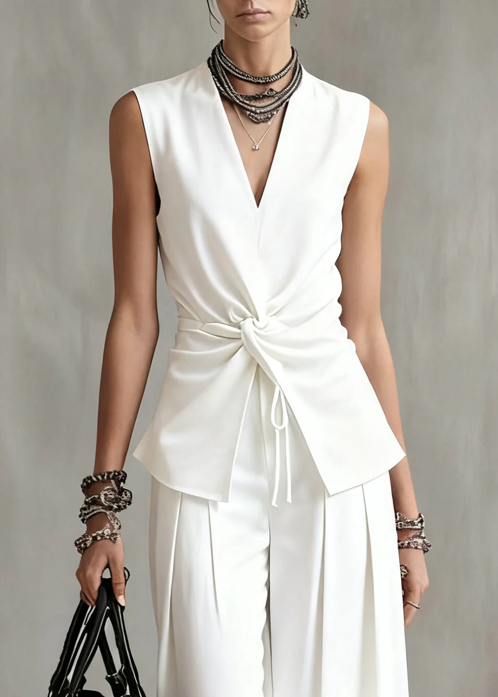 Italian White Wrinkled Elastic Waist Two Piece Set Summer - Image 2