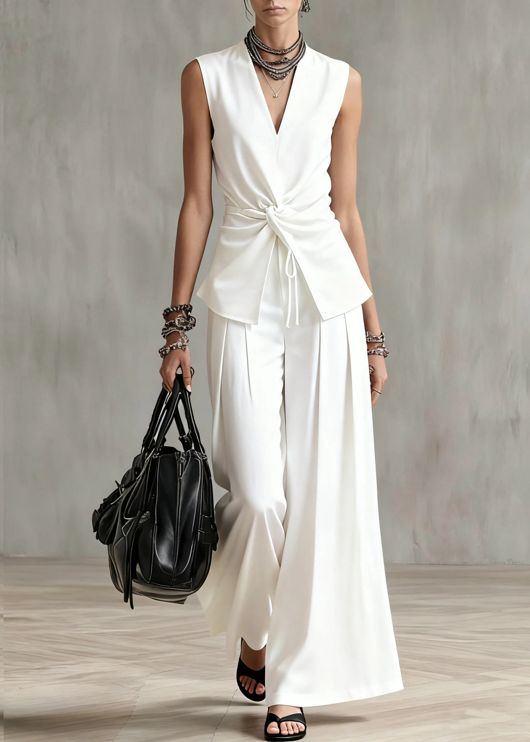 Italian White Wrinkled Elastic Waist Two Piece Set Summer - Image 5