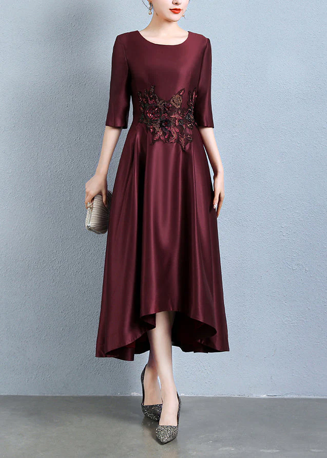 Italian Wine Red Embroidered Pockets Patchwork Silk Dress Half Sleeve - Image 2