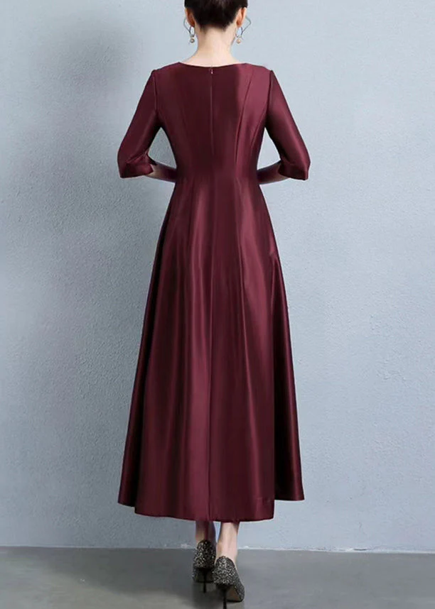 Italian Wine Red Embroidered Pockets Patchwork Silk Dress Half Sleeve - Image 4