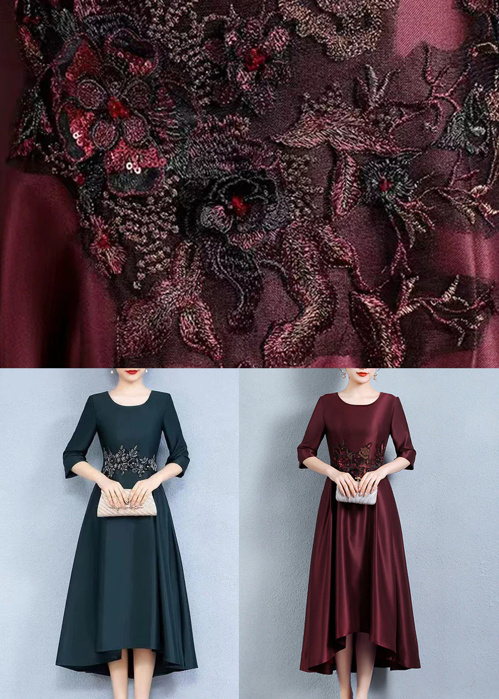 Italian Wine Red Embroidered Pockets Patchwork Silk Dress Half Sleeve - Image 5