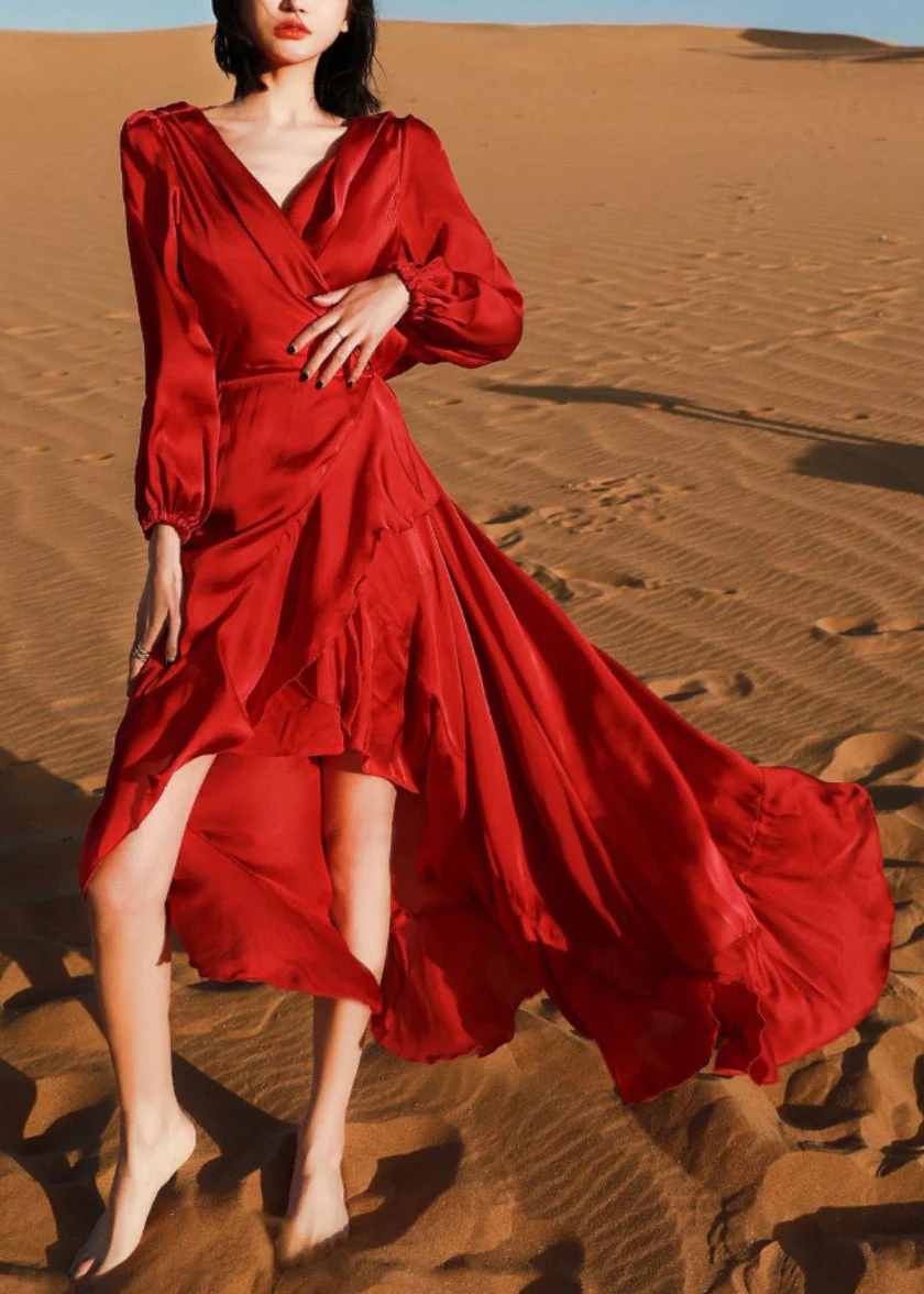 Italian Wine Red V Neck Low High Design Cotton Robe Dresses Fall