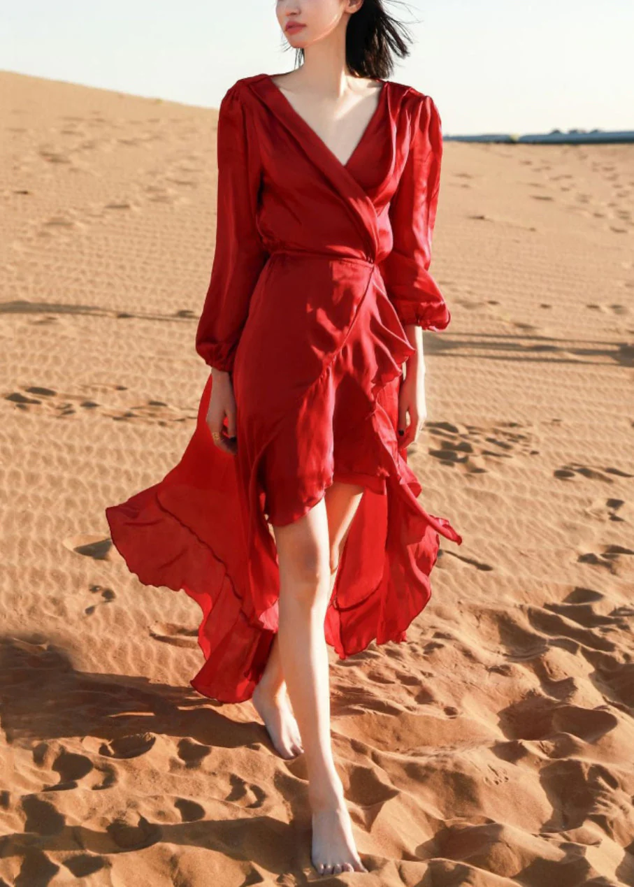 Italian Wine Red V Neck Low High Design Cotton Robe Dresses Fall - Image 2