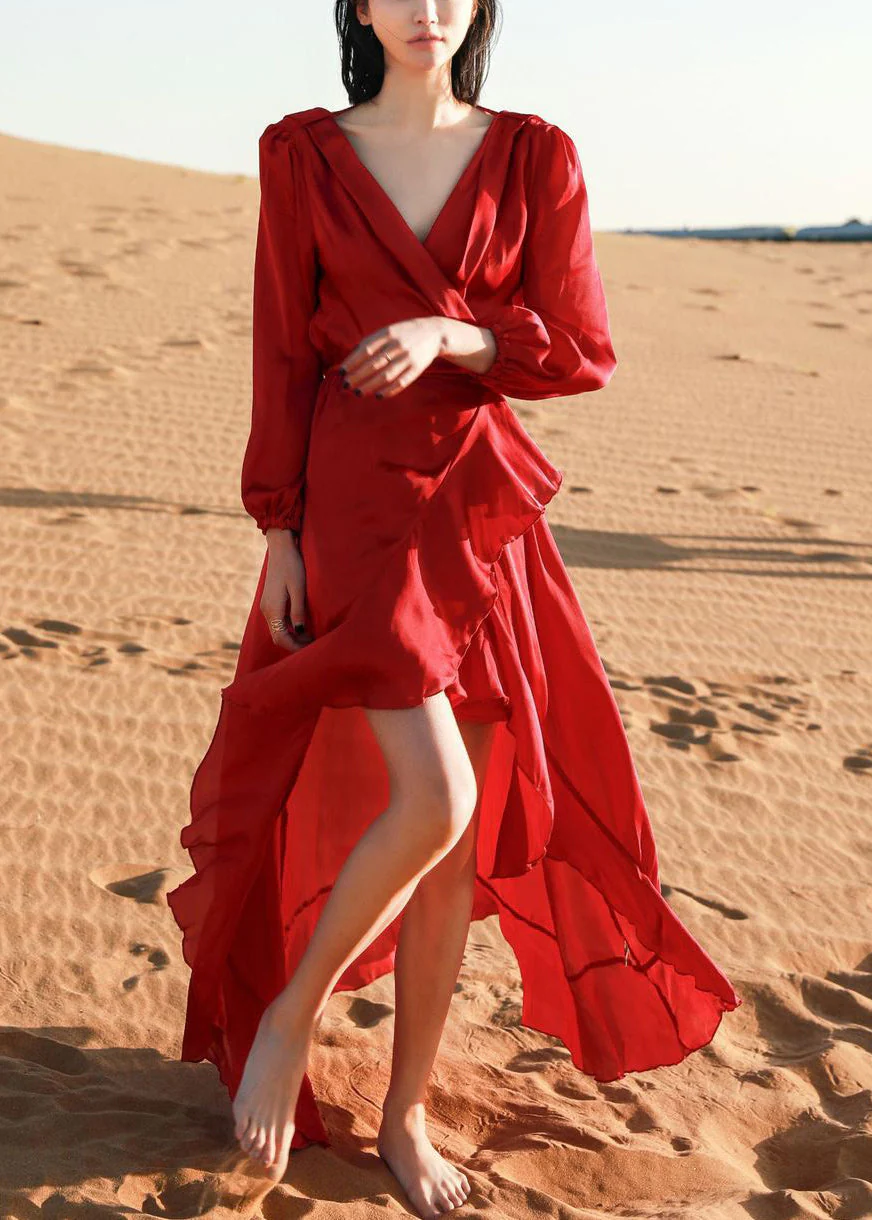 Italian Wine Red V Neck Low High Design Cotton Robe Dresses Fall - Image 3
