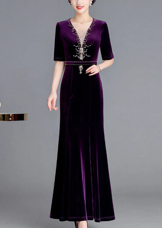 Italian Wine Red V Neck Zircon Silk Velour Long Dresses Fall - Image 2