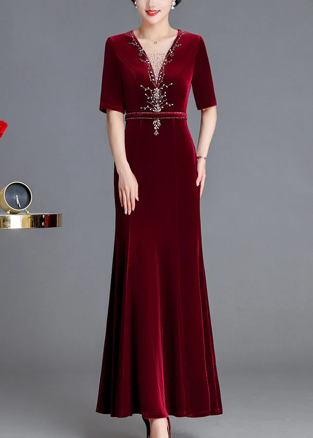 Italian Wine Red V Neck Zircon Silk Velour Long Dresses Fall - Image 3