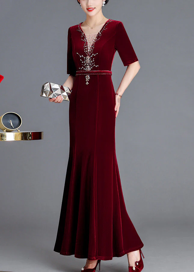 Italian Wine Red V Neck Zircon Silk Velour Long Dresses Fall - Image 4