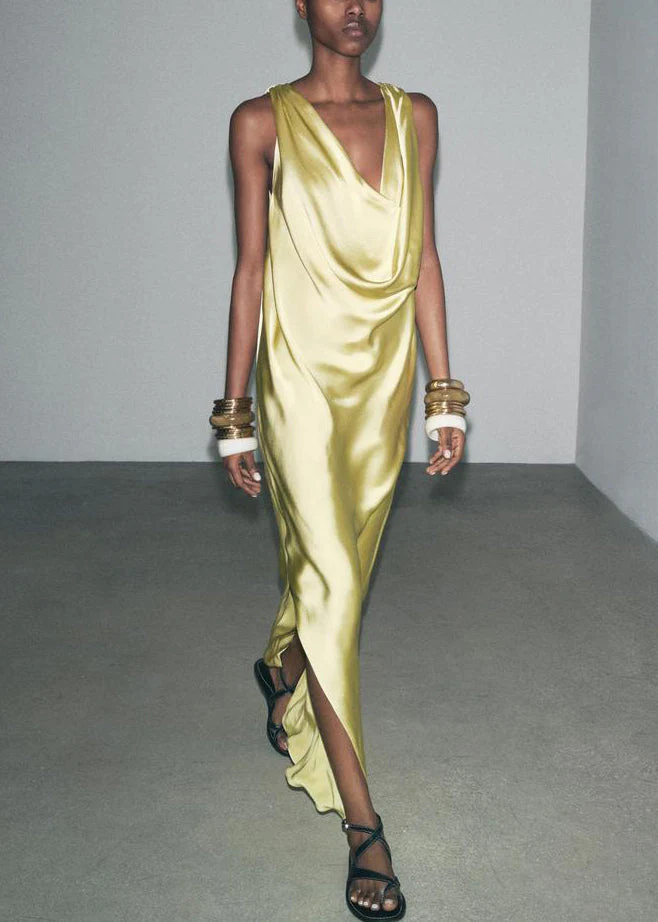 Italian Yellow Backless Side Open Silk Maxi Dress Sleeveless - Image 2