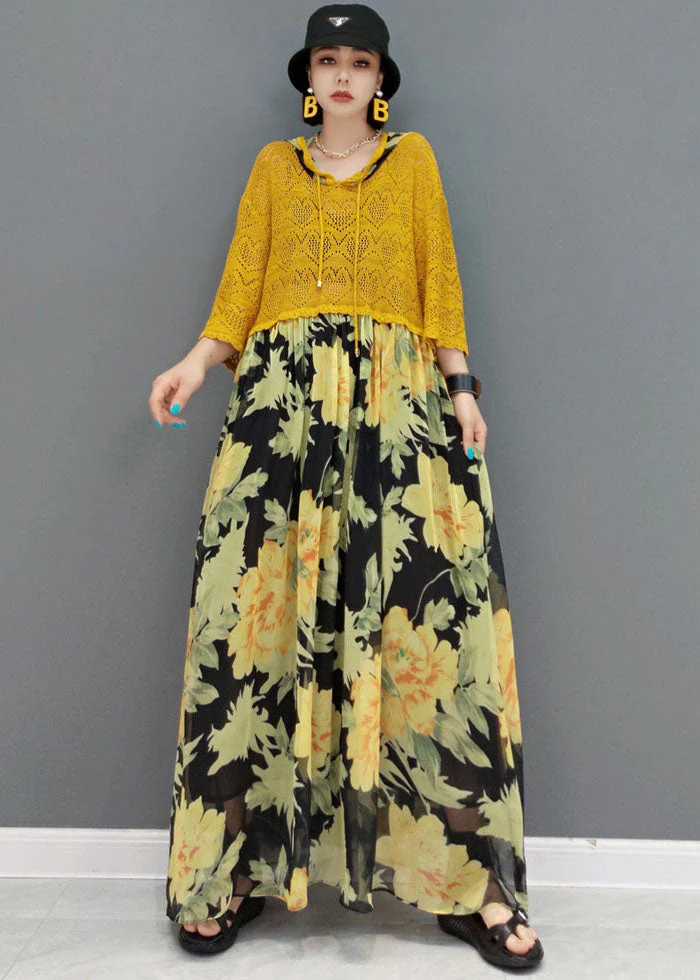Italian Yellow Hooded Patchwork Chiffon Lace Maxi Dresses Bracelet Sleeve - Image 2