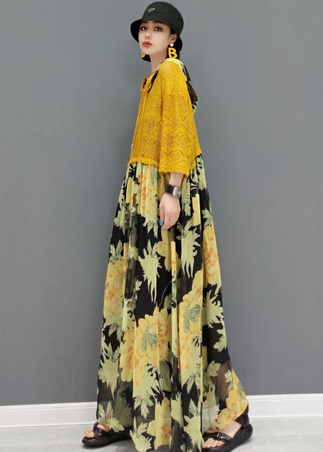 Italian Yellow Hooded Patchwork Chiffon Lace Maxi Dresses Bracelet Sleeve - Image 3