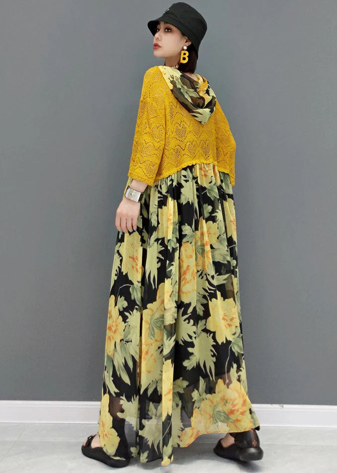 Italian Yellow Hooded Patchwork Chiffon Lace Maxi Dresses Bracelet Sleeve - Image 4