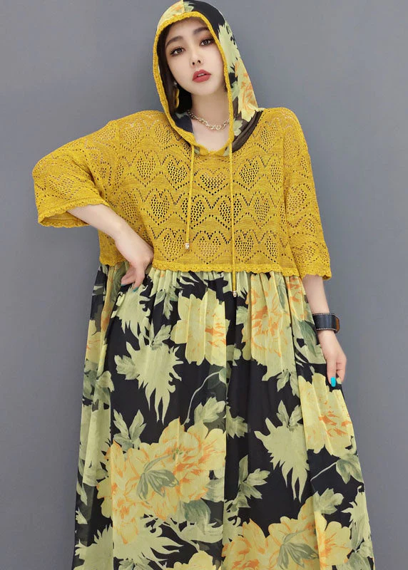 Italian Yellow Hooded Patchwork Chiffon Lace Maxi Dresses Bracelet Sleeve - Image 5