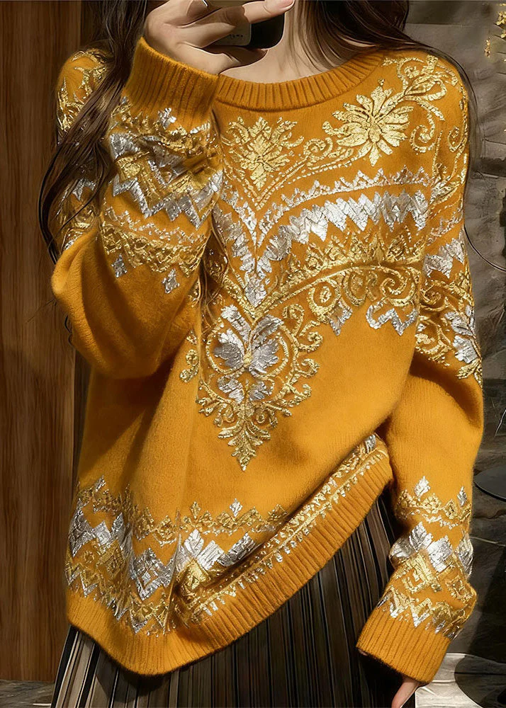 Italian Yellow O Neck Print Cozy Knit Sweater Tops Spring - Image 2