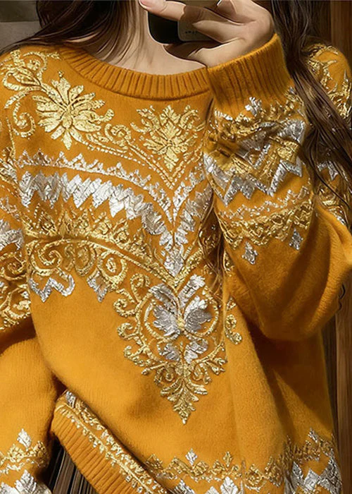 Italian Yellow O Neck Print Cozy Knit Sweater Tops Spring - Image 3