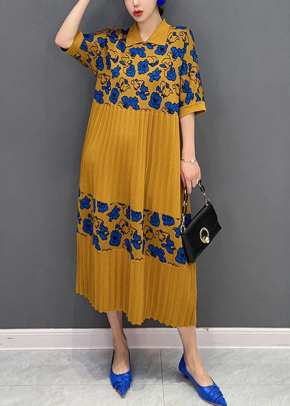 Italian Yellow Peter Pan Collar Patchwork Print Knit Long Dresses Summer - Image 2