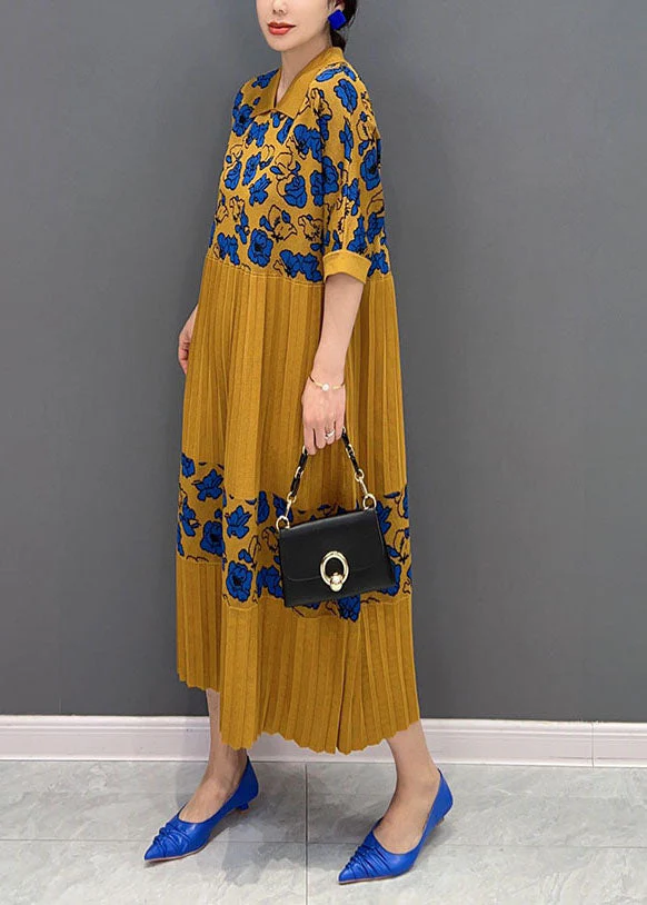 Italian Yellow Peter Pan Collar Patchwork Print Knit Long Dresses Summer - Image 3