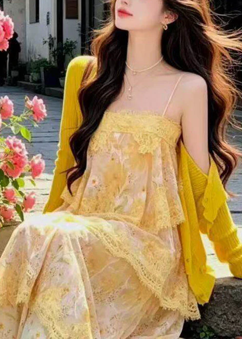 Italian Yellow Print Lace Patchwork Chiffon Sundress Summer - Image 2