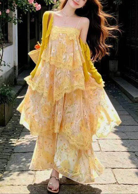 Italian Yellow Print Lace Patchwork Chiffon Sundress Summer - Image 3