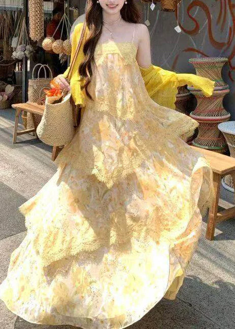 Italian Yellow Print Lace Patchwork Chiffon Sundress Summer - Image 4