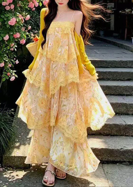 Italian Yellow Print Lace Patchwork Chiffon Sundress Summer - Image 5