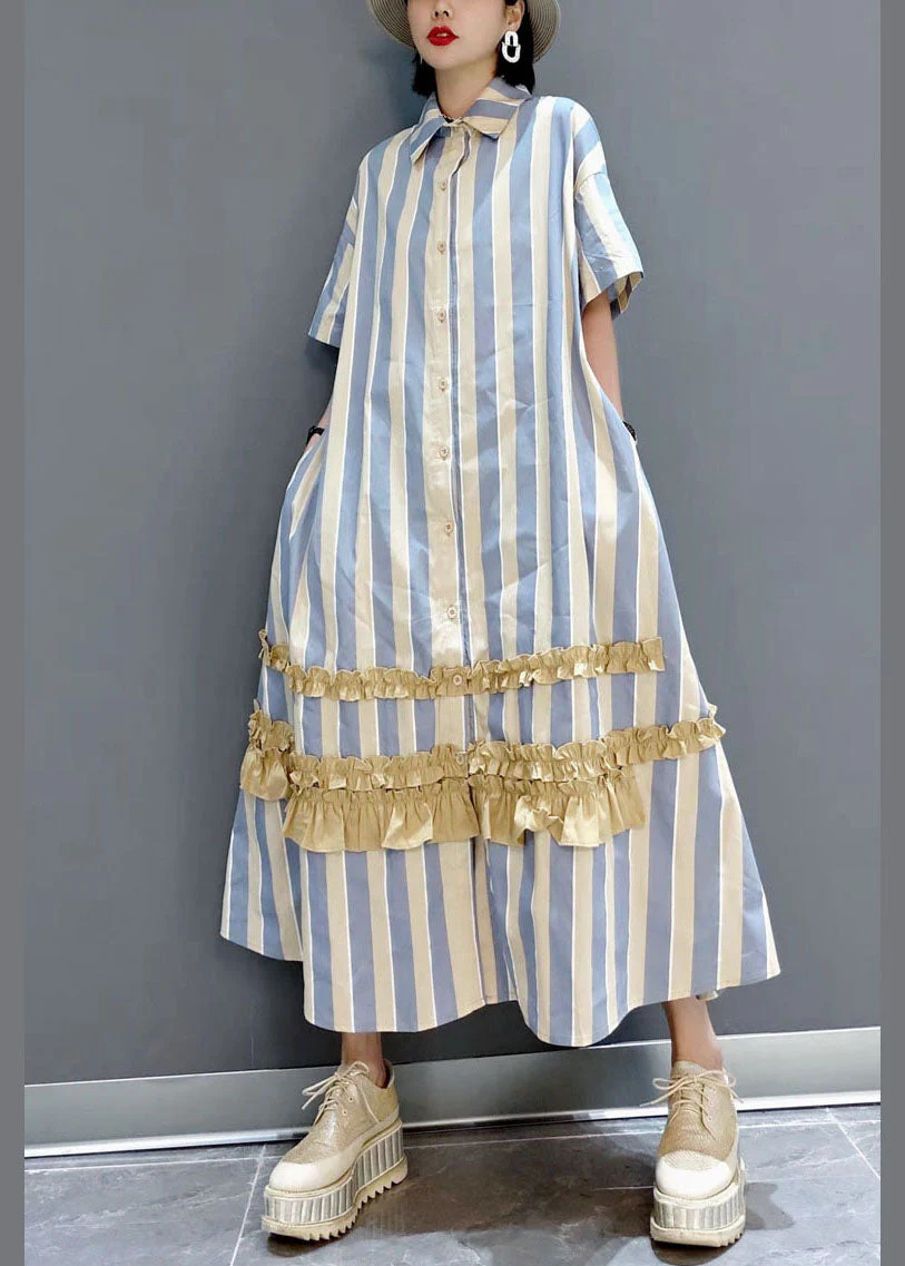 Italian Yellow Ruffled Peter Pan Collar button Striped shirt Dresses Short Sleeve - Image 2