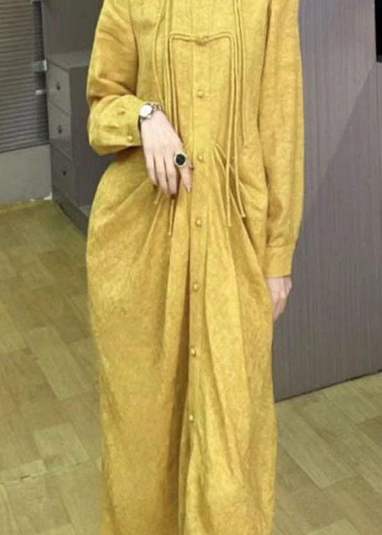 Italian Yellow Tasseled Button Wrinkled Patchwork Linen Dress Spring - Image 3