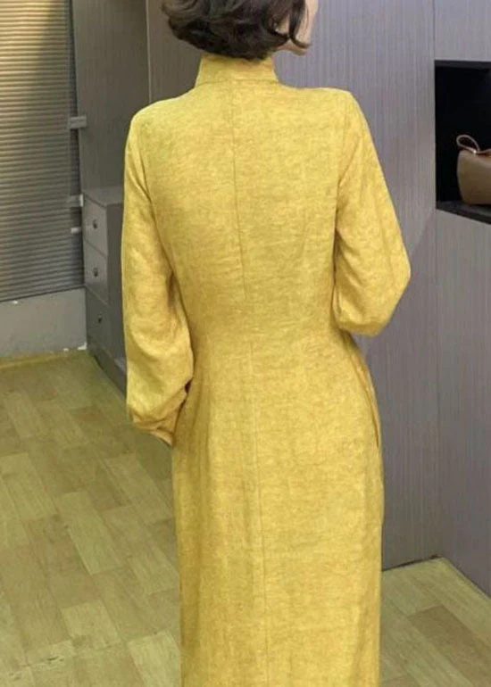 Italian Yellow Tasseled Button Wrinkled Patchwork Linen Dress Spring - Image 5