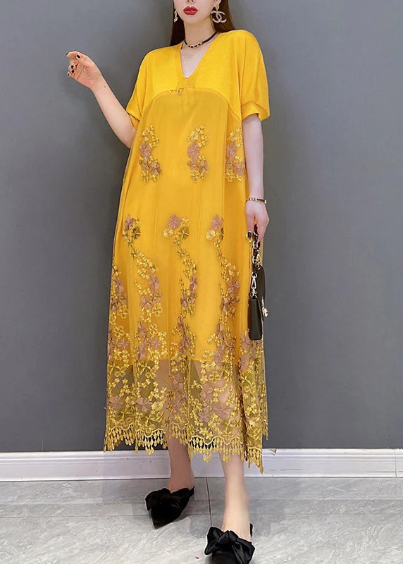 Italian Yellow V Neck Embroideried Patchwork Tassel Lace Dress Short Sleeve - Image 2