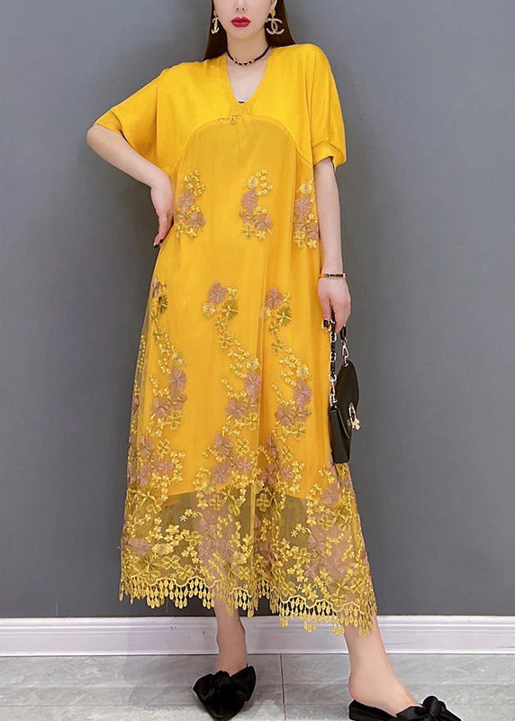 Italian Yellow V Neck Embroideried Patchwork Tassel Lace Dress Short Sleeve - Image 3