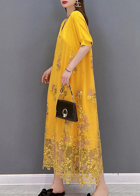 Italian Yellow V Neck Embroideried Patchwork Tassel Lace Dress Short Sleeve - Image 4