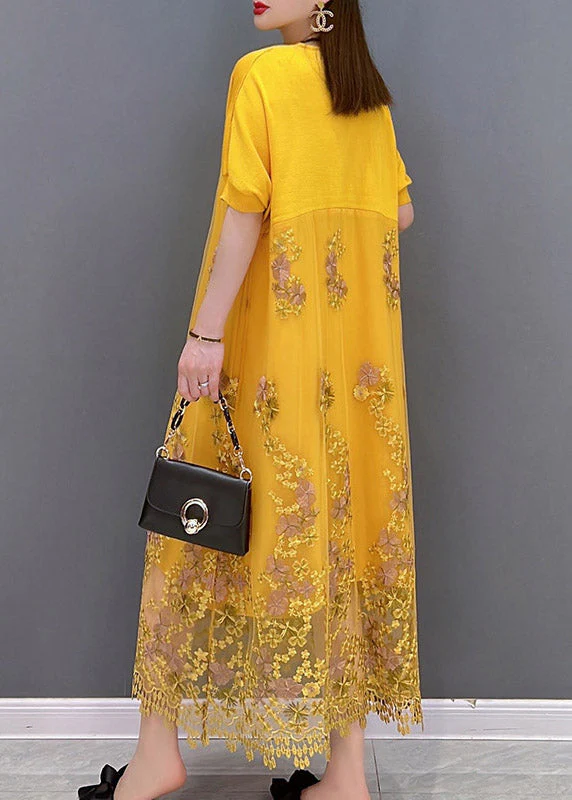 Italian Yellow V Neck Embroideried Patchwork Tassel Lace Dress Short Sleeve - Image 5