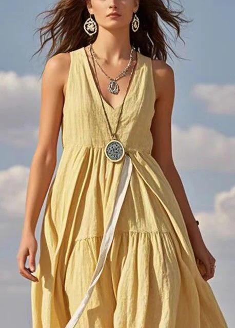 Italian Yellow V Neck Exra Large Hem Cotton Dresses Summer - Image 2