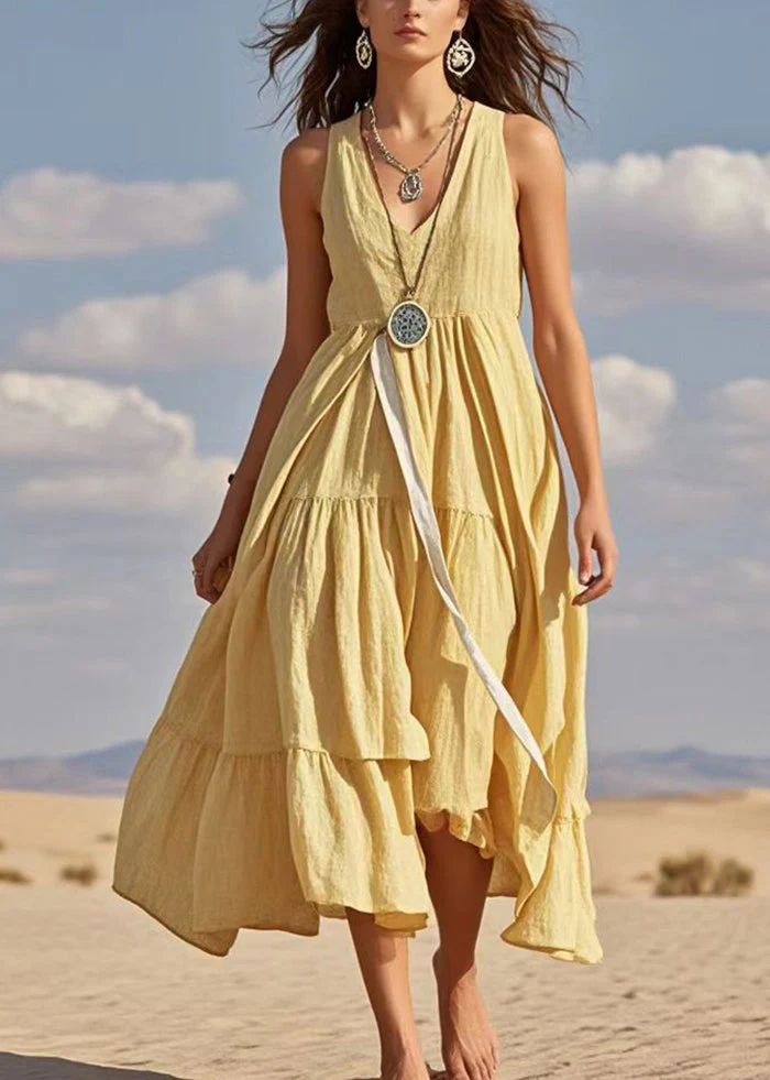 Italian Yellow V Neck Exra Large Hem Cotton Dresses Summer - Image 3