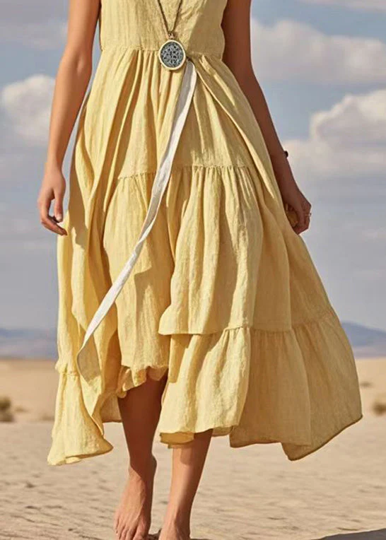 Italian Yellow V Neck Exra Large Hem Cotton Dresses Summer - Image 4