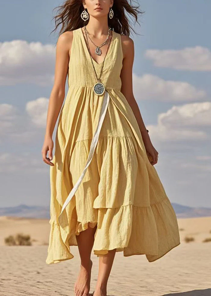 Italian Yellow V Neck Exra Large Hem Cotton Dresses Summer - Image 5