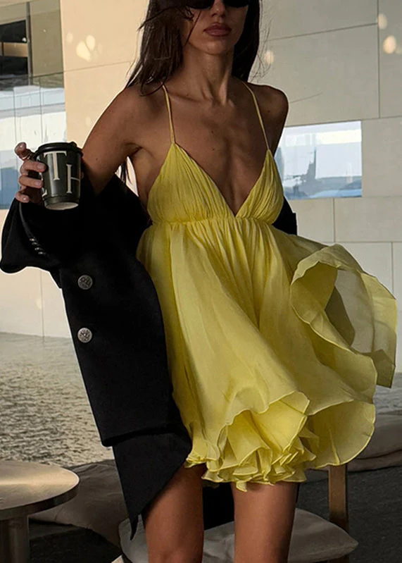 Italian Yellow V Neck Patchwork Backless Mid Spaghetti Strap Dress Summer - Image 2