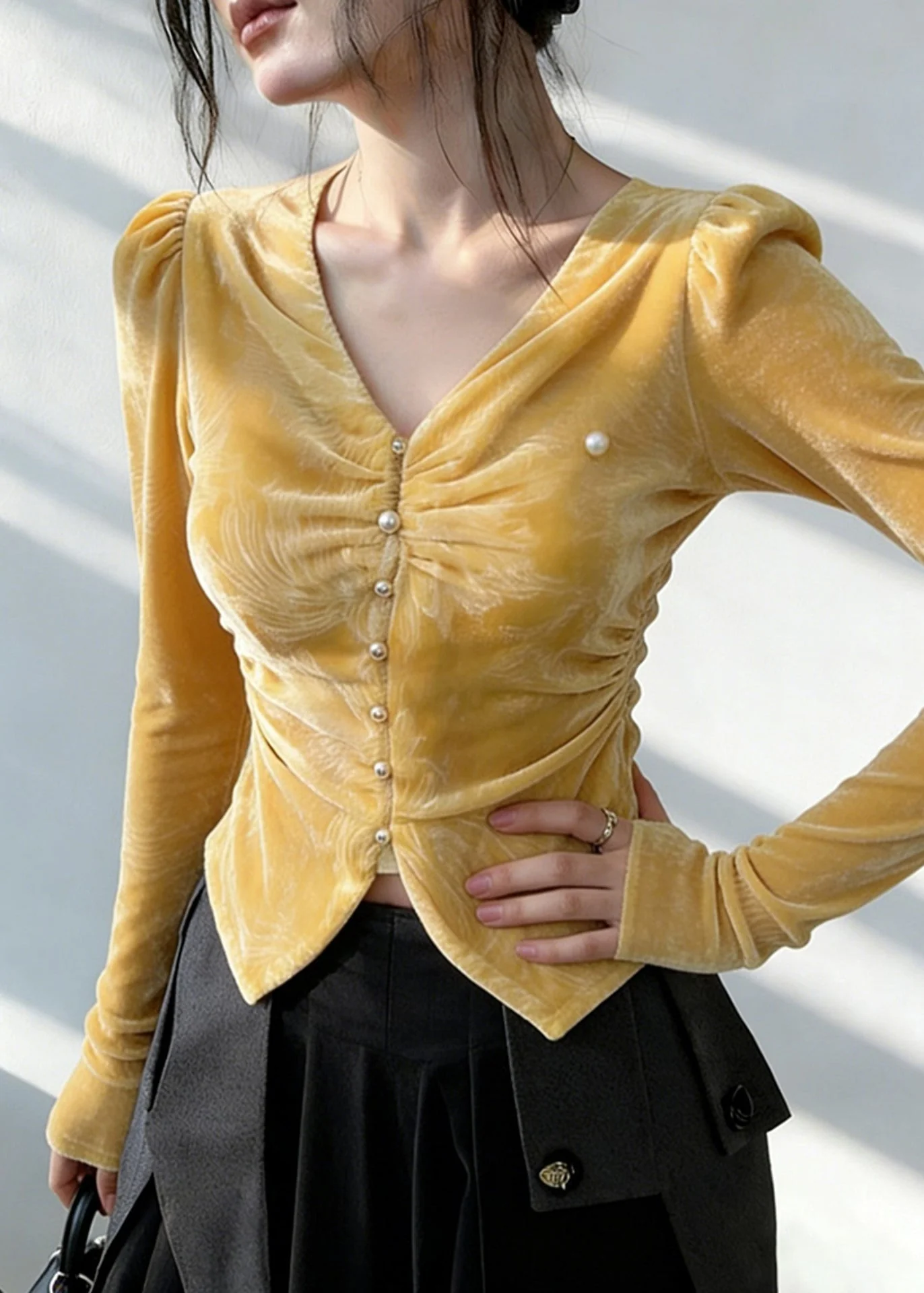 Italian Yellow V Neck Wrinkled Silk Velour Shirt Spring - Image 2
