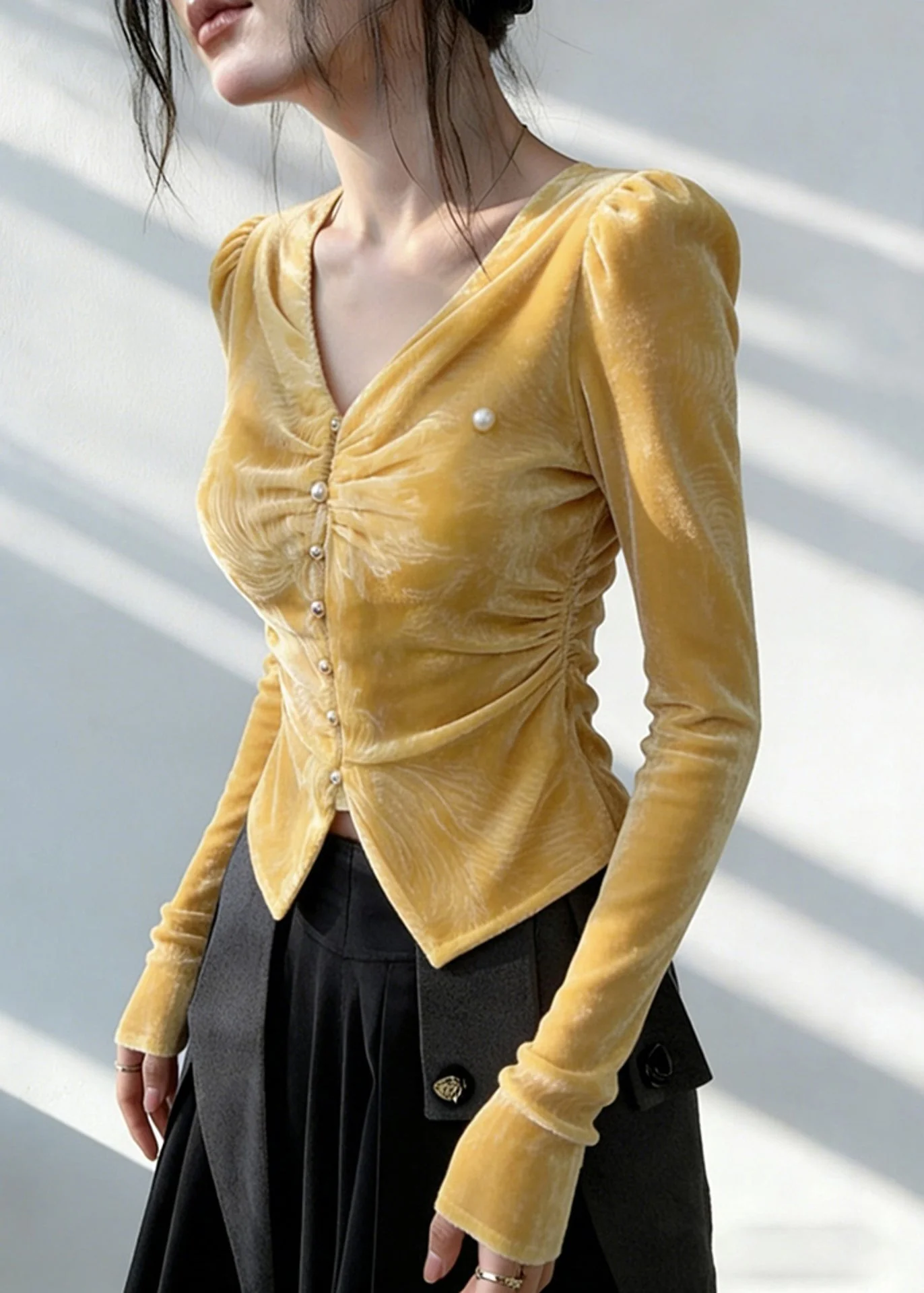 Italian Yellow V Neck Wrinkled Silk Velour Shirt Spring - Image 3