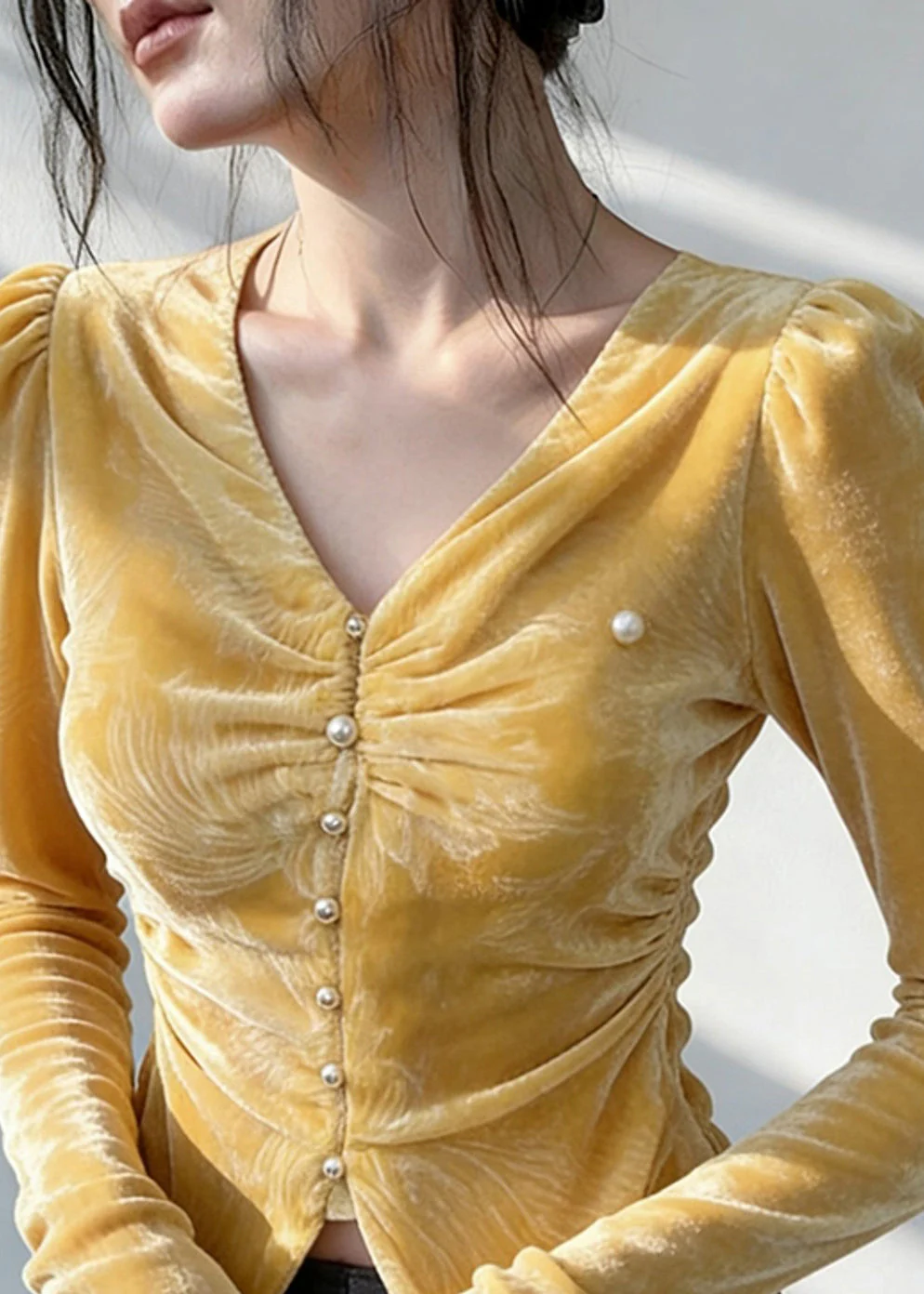 Italian Yellow V Neck Wrinkled Silk Velour Shirt Spring - Image 4