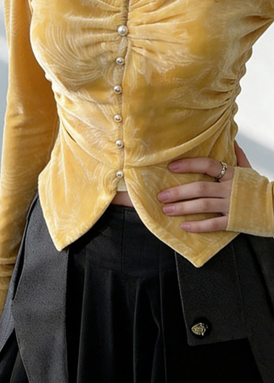 Italian Yellow V Neck Wrinkled Silk Velour Shirt Spring - Image 5