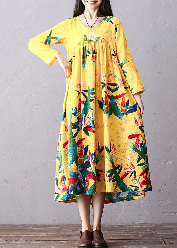 Italian Yellow Wrinkled Embroideried Print Cotton Long Dress Long Sleeve - Image 2