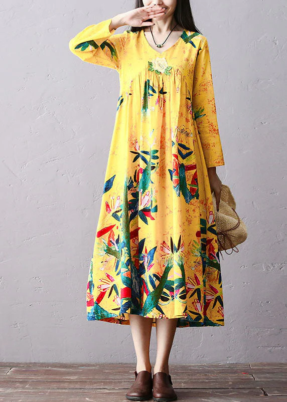 Italian Yellow Wrinkled Embroideried Print Cotton Long Dress Long Sleeve - Image 3