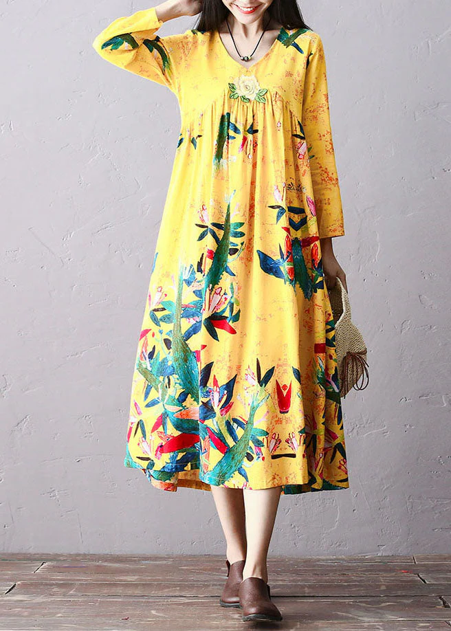 Italian Yellow Wrinkled Embroideried Print Cotton Long Dress Long Sleeve - Image 4