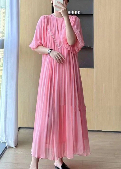Italian Yellow Wrinkled Nail Bead Chiffon Long Dress Puff Sleeve - Image 2