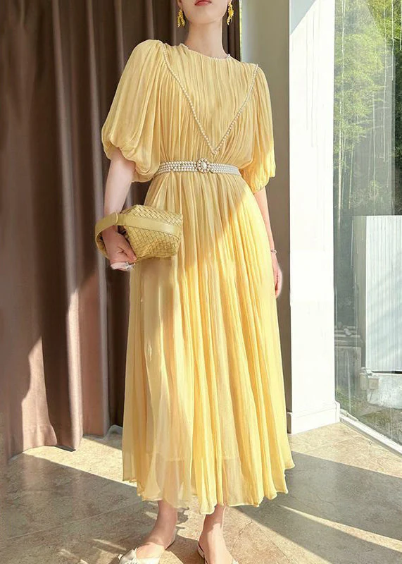 Italian Yellow Wrinkled Nail Bead Chiffon Long Dress Puff Sleeve - Image 3
