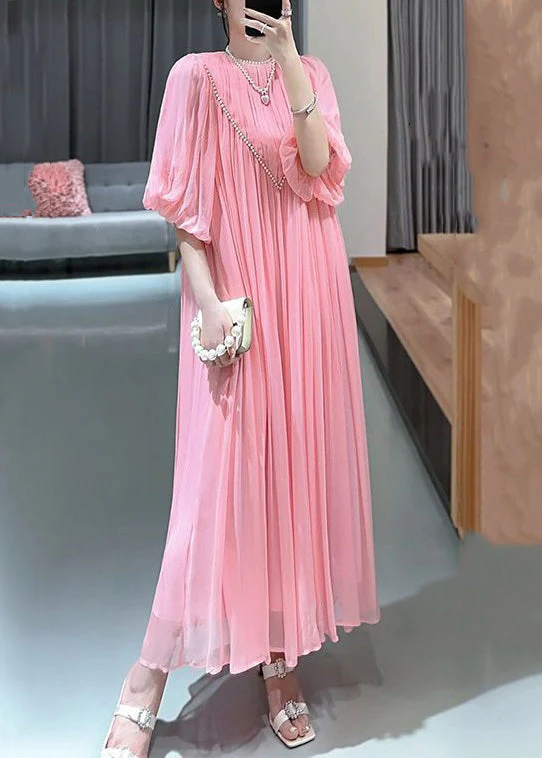 Italian Yellow Wrinkled Nail Bead Chiffon Long Dress Puff Sleeve - Image 4