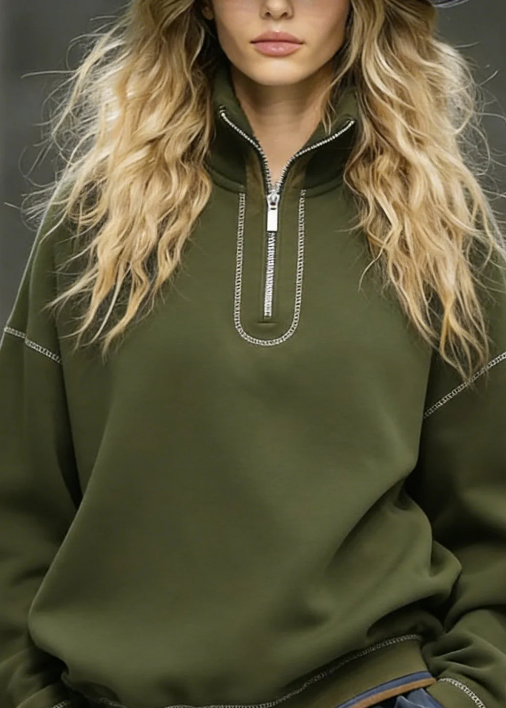 Italian Zip Up Patchwork Cotton Sweatshirts Top Spring - Image 2